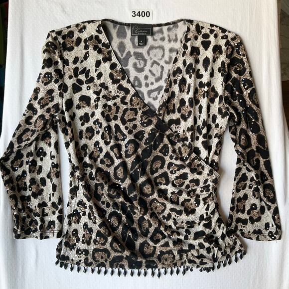 Collection Dressbarn Women 3/4 Sleeve Sexy Vneck Curvy Blouse size S,Leopard Tan - Picture 1 of 9